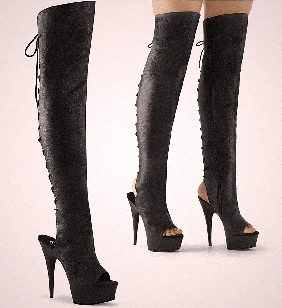 DELIGHT-3019 Pleaser High Heels Plateau Overkneestiefel schwarz Zehen-Fersenfrei