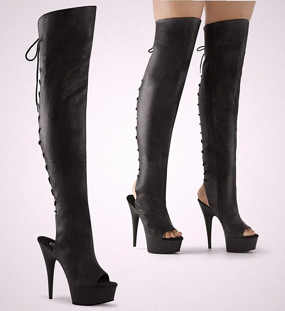 DELIGHT-3019 Pleaser High Heels Plateau Overkneestiefel schwarz Zehen-Fersenfrei