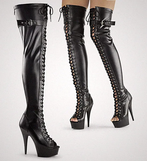 DELIGHT-3025 Pleaser High Heels Peep Toe Overkneestiefel schwarz Stretch Matt