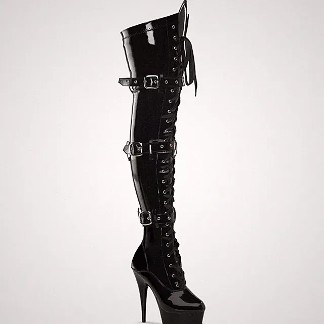DELIGHT-3028 Pleaser High Heels Overkneestiefel schwarz Lack mit 3 Schnallen