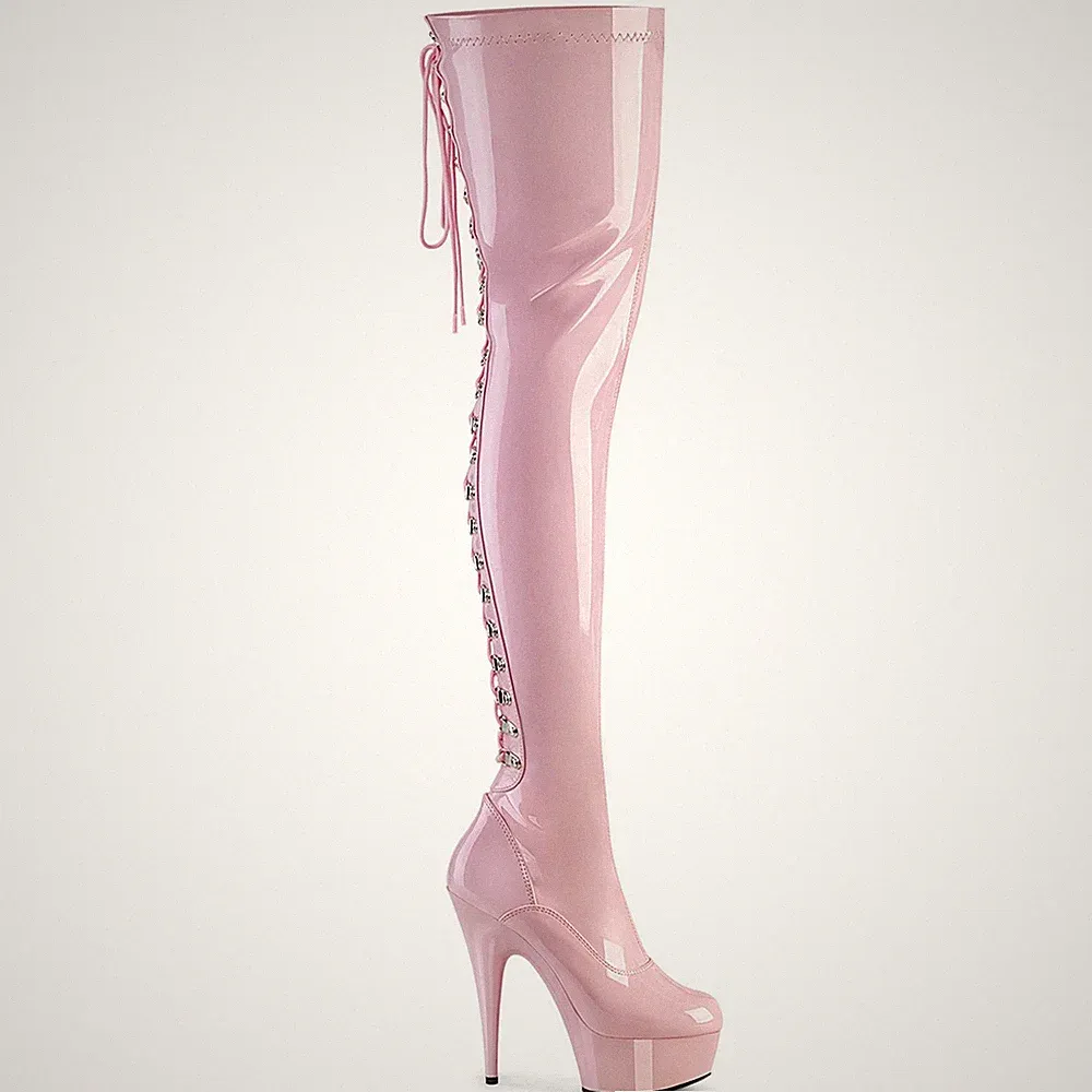 DELIGHT-3063 sexy Pleaser Damen Overkneestiefel babypink Lack Schnürung hinten