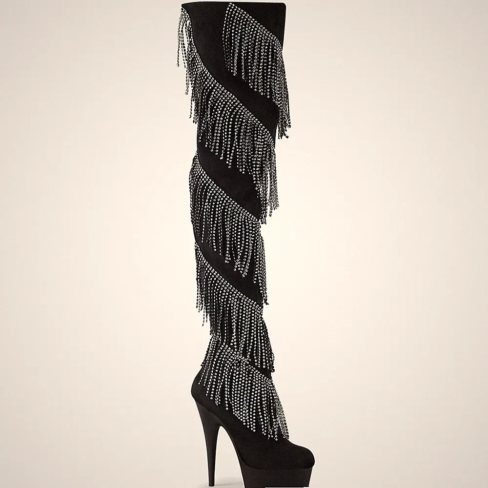 DELIGHT-3065 Pleaser High Heel Plateauoverkneestiefel schwarz Samt silber Strass