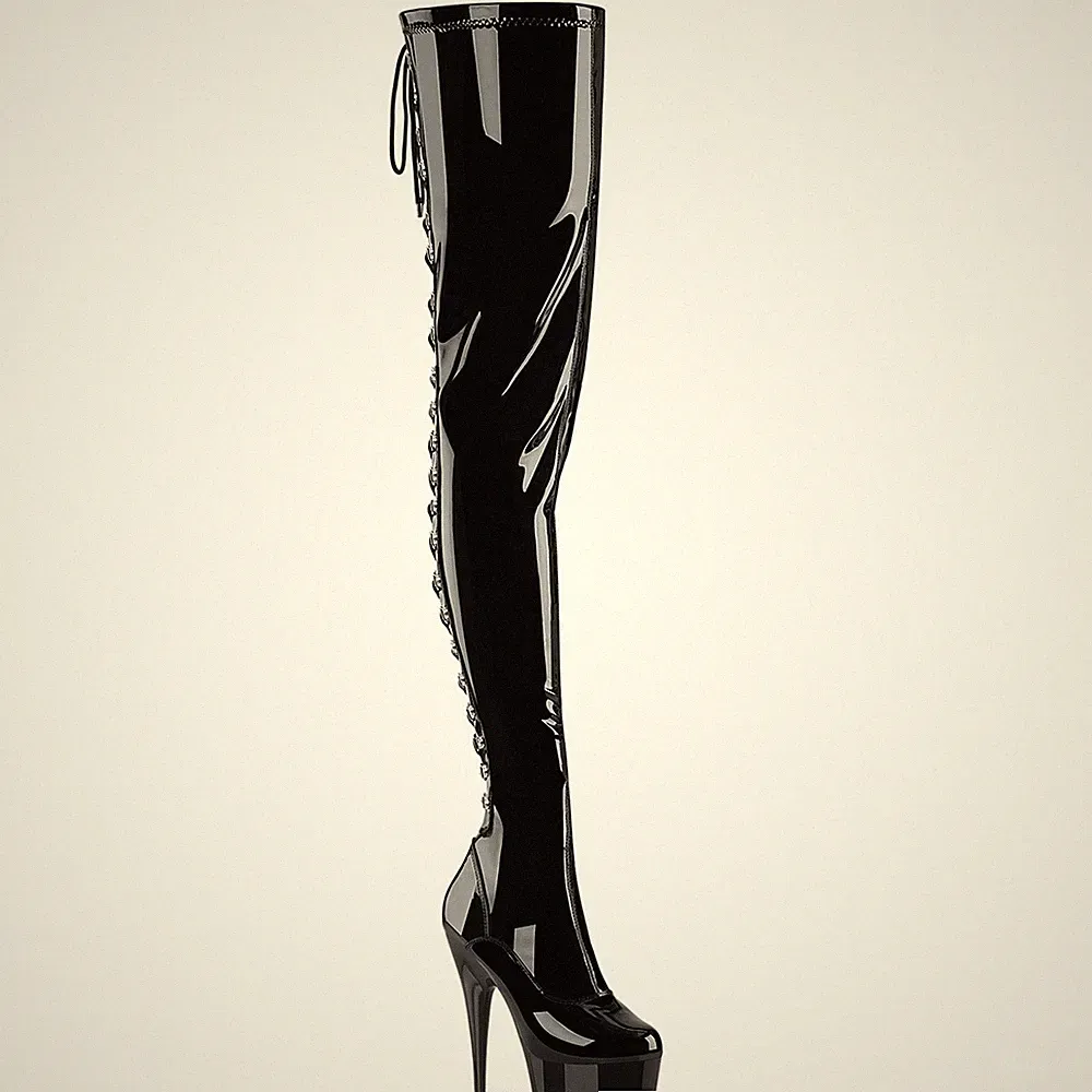 DELIGHT-4063 Pleaser Damen Crotch Plateauoverkneestiefel schwarz Stretch Lack