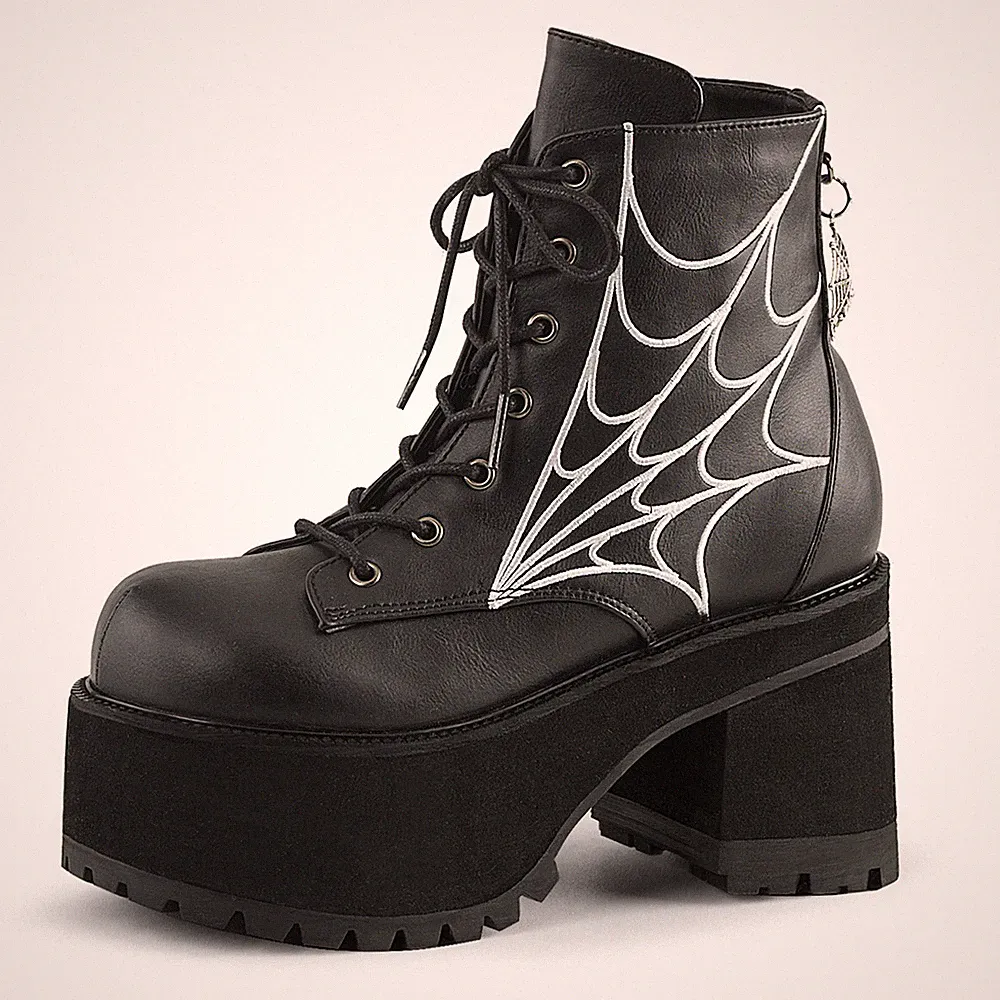 DemoniaCult Damen Gothic Spinnennetz-Boots Ranger-105 Stiefel schwarz