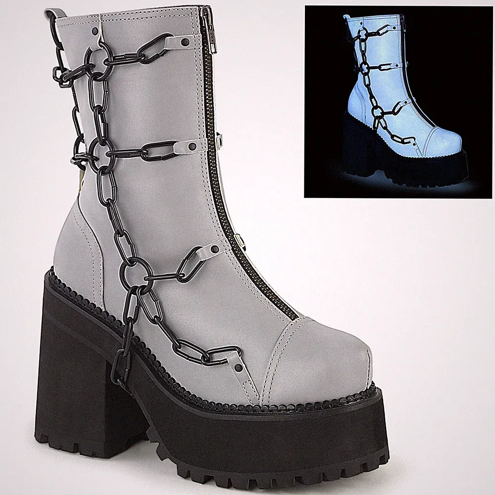 DemoniaCult Damen Plateau Stiefel mit Kettenbehang Assault-66 grau