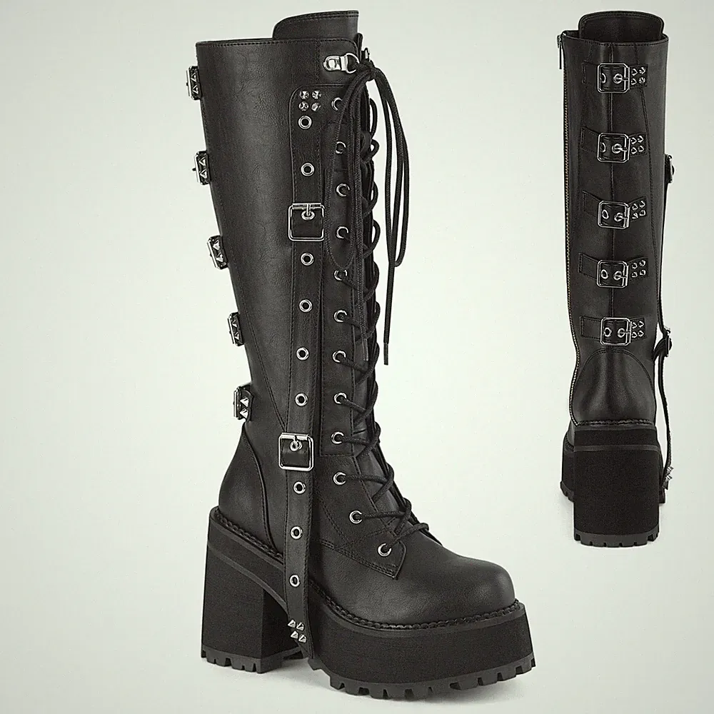 DemoniaCult Damen Platform-Kniestiefel Assault-218 black vegan leather