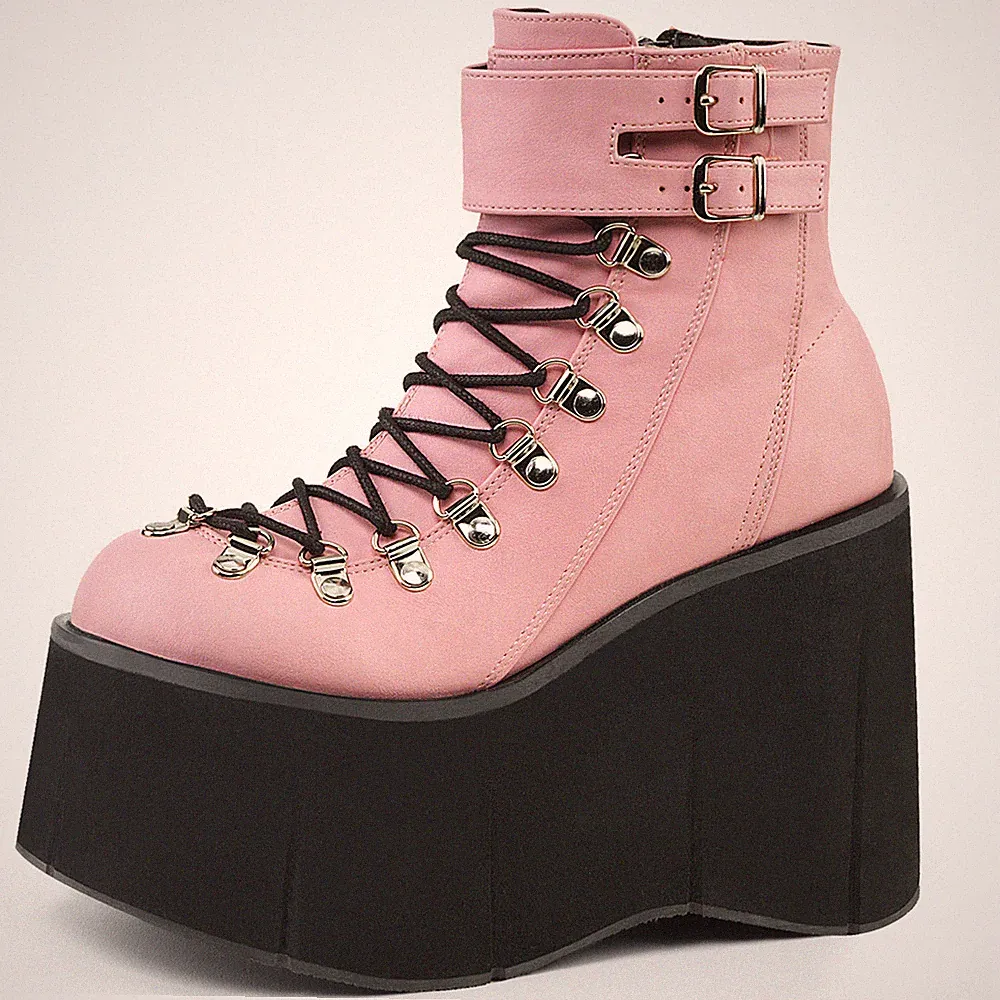 DemoniaCult Damen Platform Schnür-Booties Stiefeletten Kera-21 pink