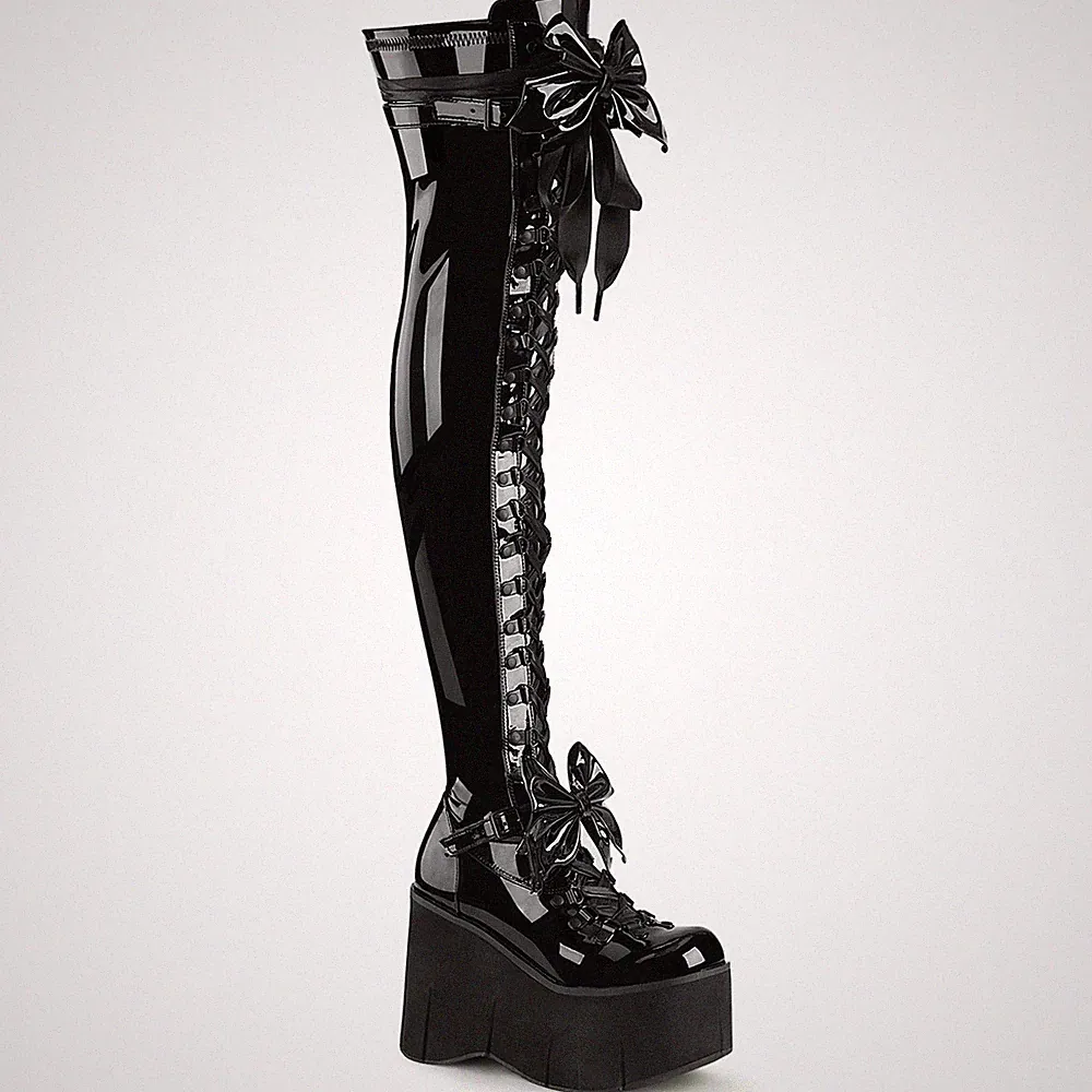 DemoniaCult Damen Wedge Lace-Up Overknee Stiefel Kera-303 Lack schwarz