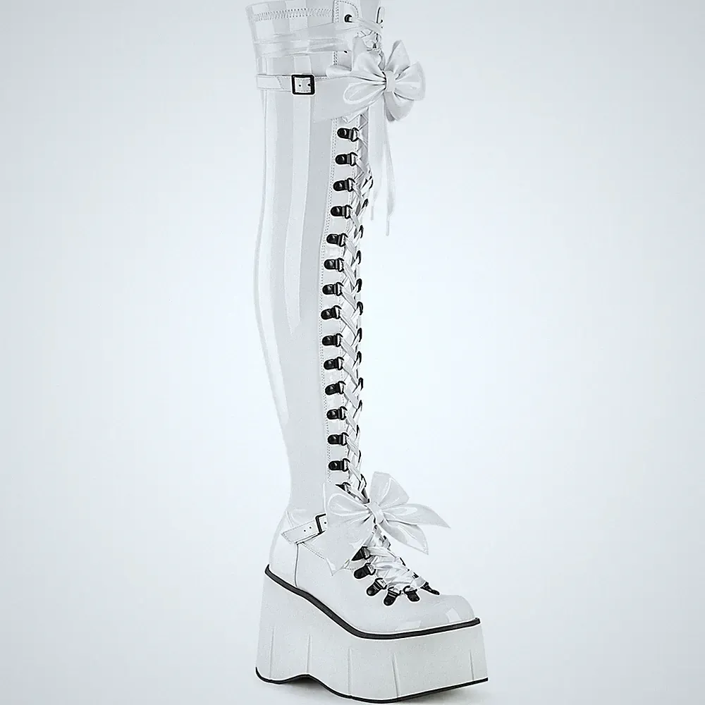 DemoniaCult Damen Wedge Lace-Up Overknee Stiefel Kera-303 Lack weiß