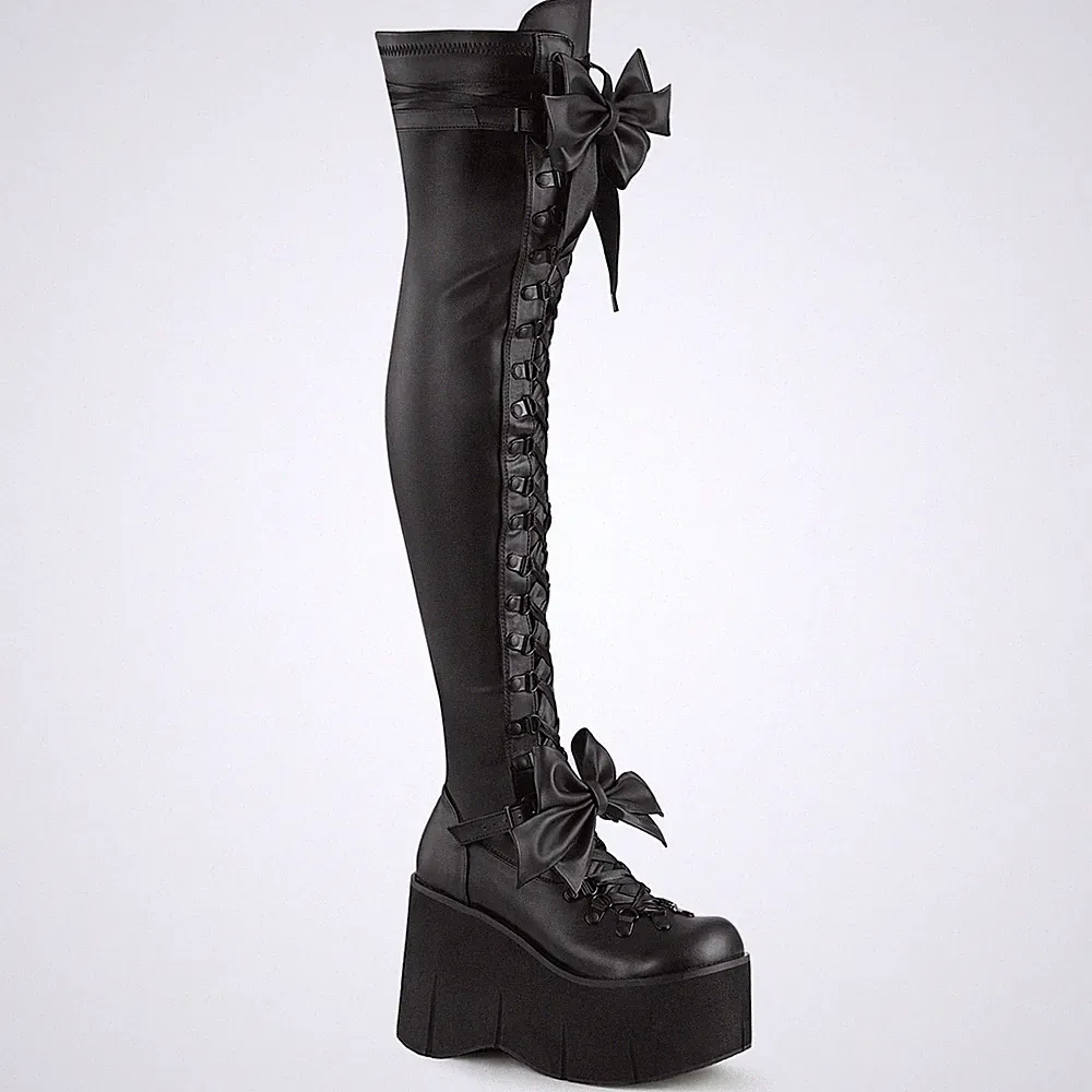 DemoniaCult Damen Wedge Lace-Up Overknee Stiefel Kera-303 mattschwarz