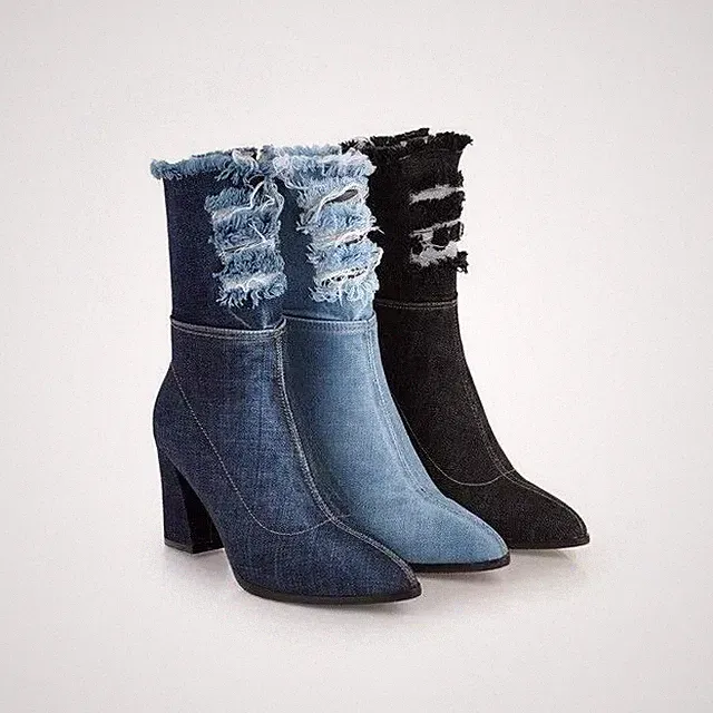 Denim Stiefeletten hell gerissen Absatz 6,5 cm hellblau Jeans Mode DF09177