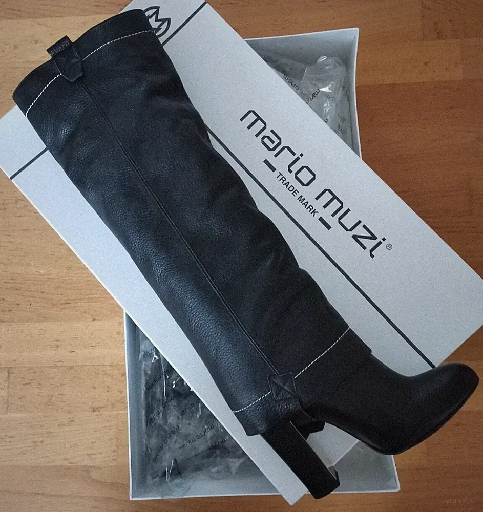 Designer High Heel Echtleder fellgefüttert Biker Stiefel Knie Eur 36 schwarz