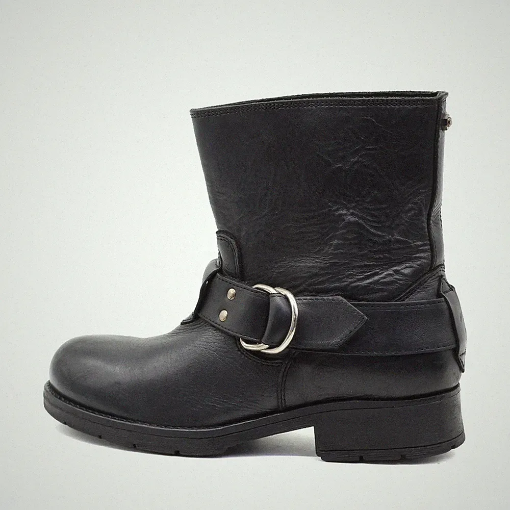 DIESEL Damen Stiefel Schwarz Leder Halbschaft Gürtelschnalle Bikerstiefel EU 38