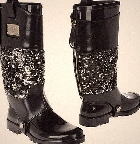 DOLCE&GABBANA Knielange Gummistiefel mit Lederpolstern mit Pailletten Gr.38