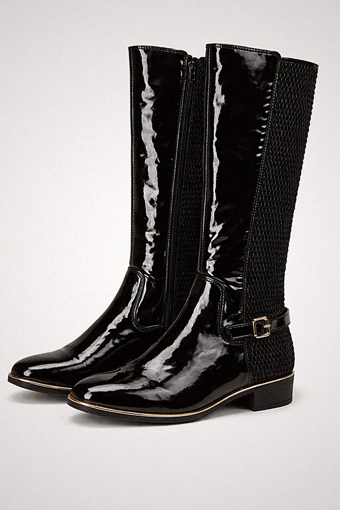 Dorothy Perkins Stiefel Schwarz Patent Kniehoch Reißverschluss Mesh Damen UK 4
