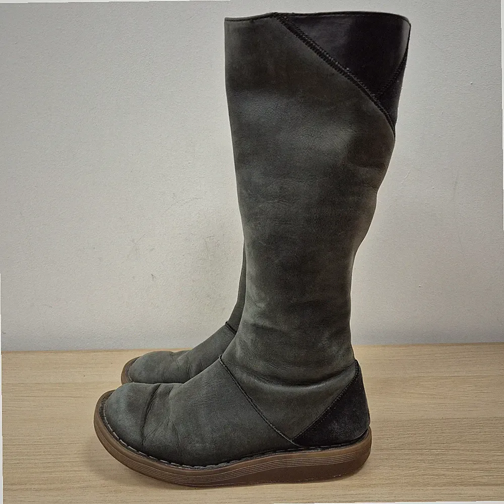 Dr. Martens Monica Y2K marineblau weiches Wildleder Patchwork kniehohe Stiefel Größe UK 6