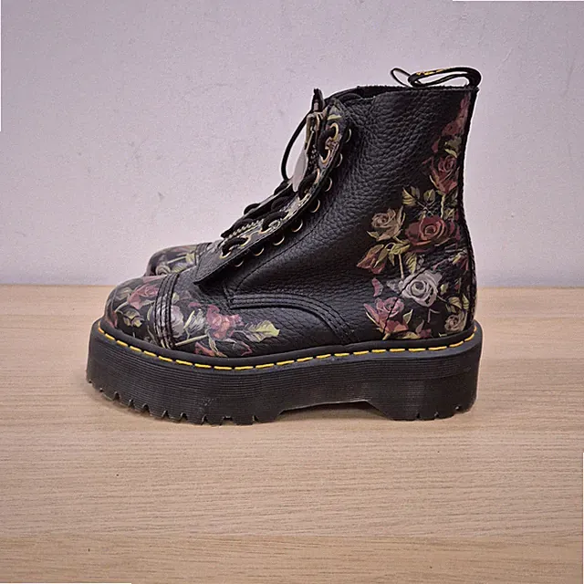 Dr. Martens Sinclair Decayed Floral Black Leather Chunky Platform Quad Boot Uk 5
