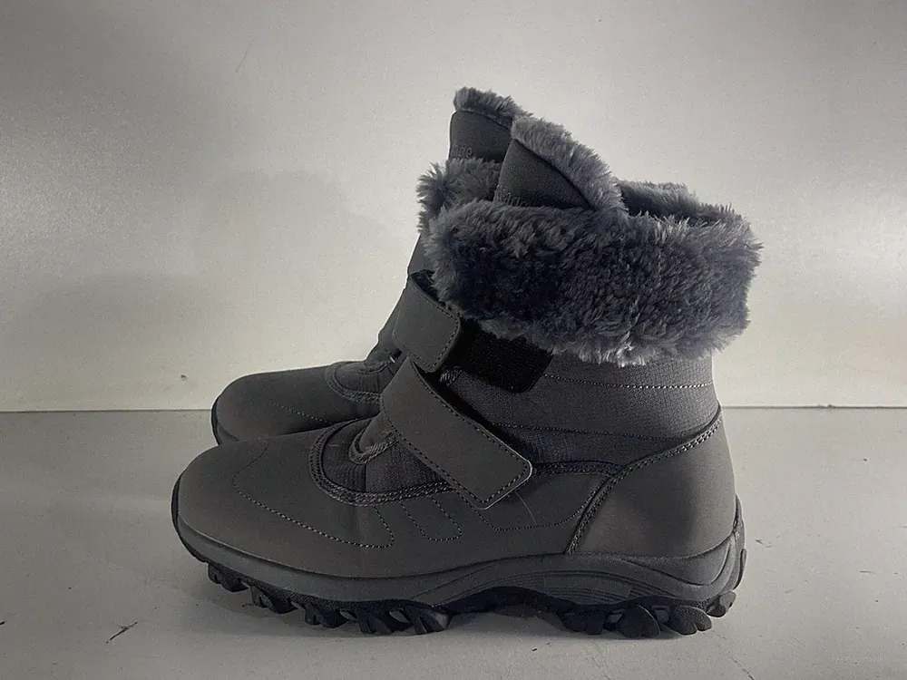 Drecage Damen Stiefel Größe 4 (37) gebraucht grau Klettverschluss Fellbesatz Wachstiefel -A1