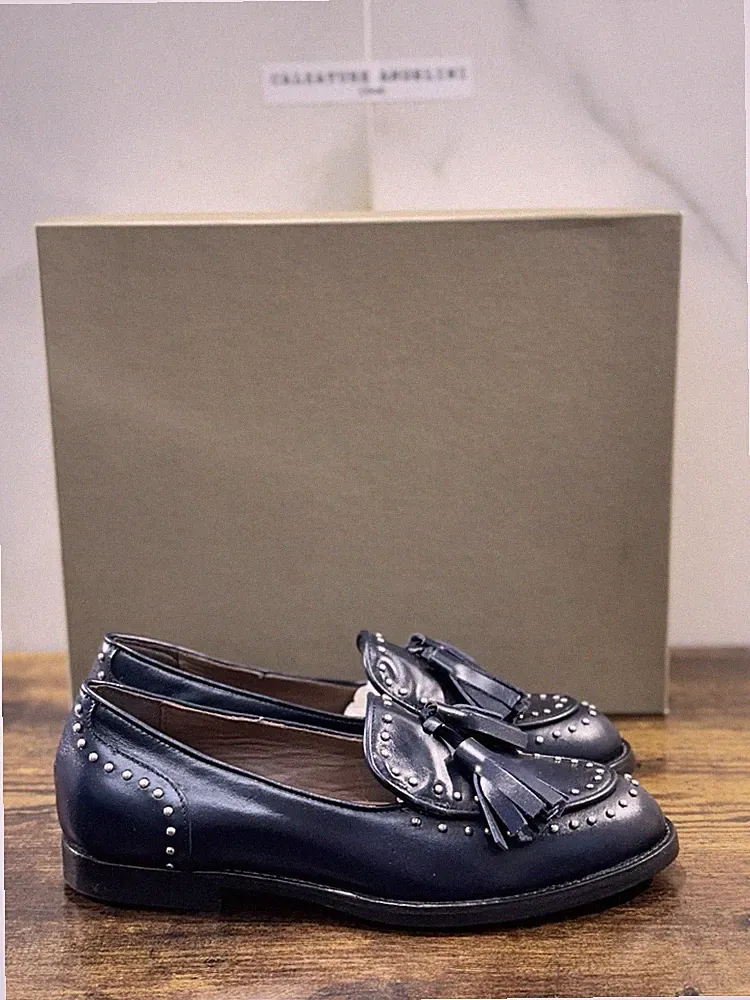 Duccio Del Duca Mokassin Leder Blau Nieten Made In Italy Damen 36