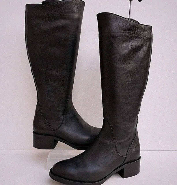 DUO STIEFEL SCHWARZ LEDER/LEDER GEFÜTTERT KNIEHOCH BLOCKABSATZ REITSTIEFEL UK 6/39