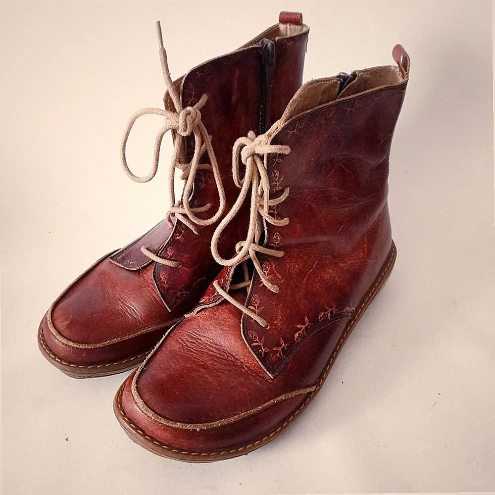 Echtleder Stiefeletten Damen Gr 37 Braun Rustikal Blumen Prägung Reißverschluss
