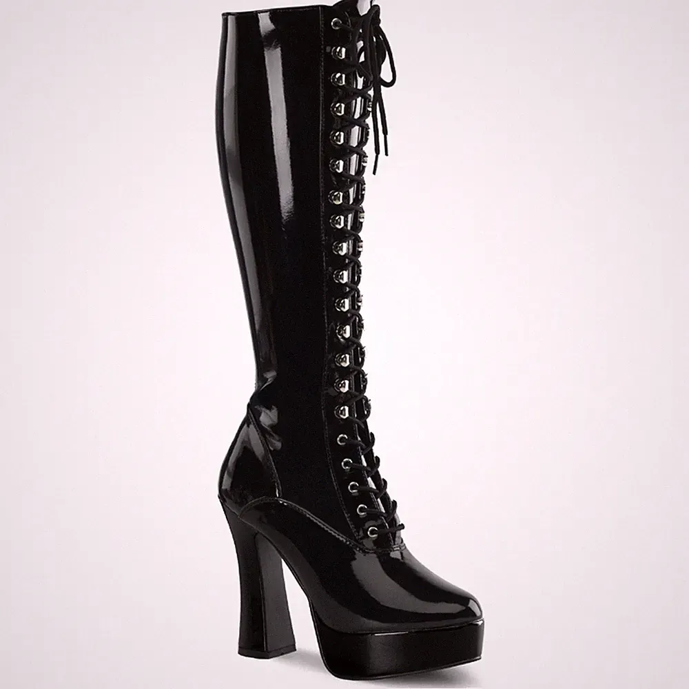 ELECTRA-2023 Pleaser Damen High-Heels Stretch Schnür-Plateaustiefel schwarz Lack
