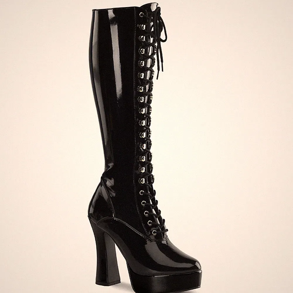 ELECTRA-2023 Pleaser Damen High-Heels Stretch Schnür-Plateaustiefel schwarz Lack