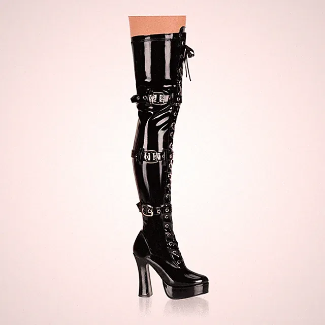 ELECTRA-3028 Pleaser High-Heels Plateau Overkneestiefel 3 Riemen schwarz Lack