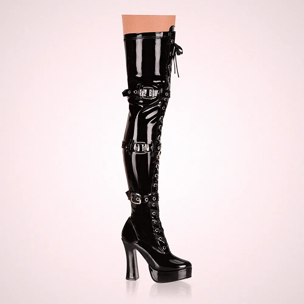 ELECTRA-3028 Pleaser High-Heels Plateau Overkneestiefel 3 Riemen schwarz Lack