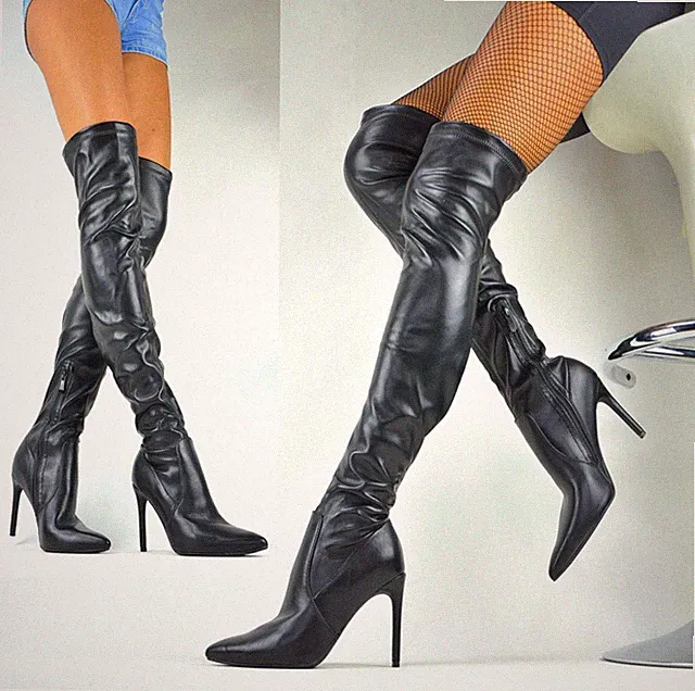 ELEGANT DAMENSCHUHE OVERKNNE STIEFEL PARTY STILETTOS SEXY HIGH HEELS SCHWARZ