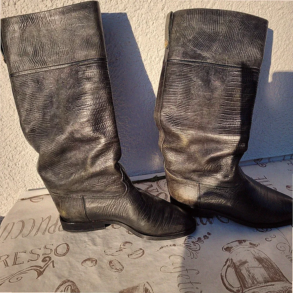 Eleganz mit Pollini Echtleder Stiefel Gr. 36.5, schwarz, Reptiloptik