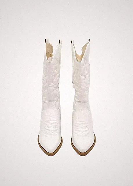Embroidered Cowgirl Boots for Women, Chunky Heel, Pointed Toe , White