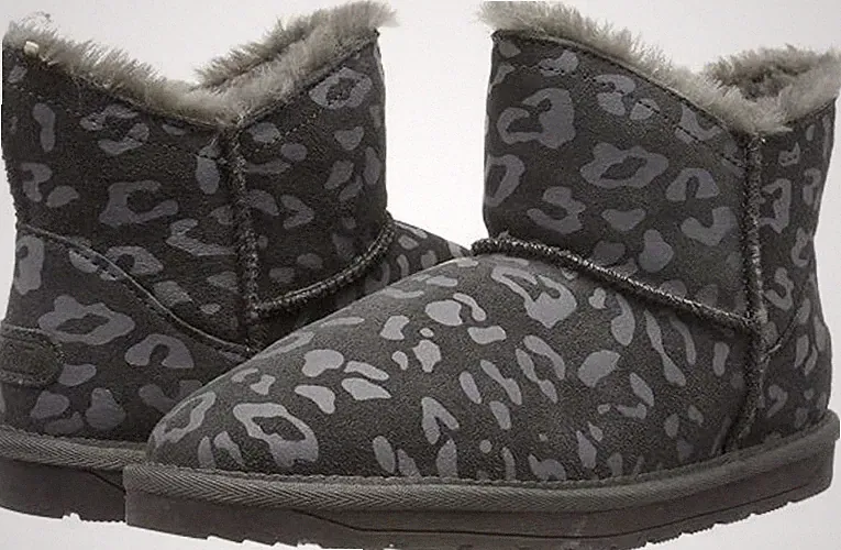 Esprit Damen Echt Leder Winterstiefel mit Fellfutter Graues Leopardenmuster