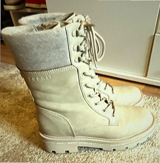 Esprit Damen Schnürstiefel grau gefüttert wadenlang Blockabsatz Profilsohle