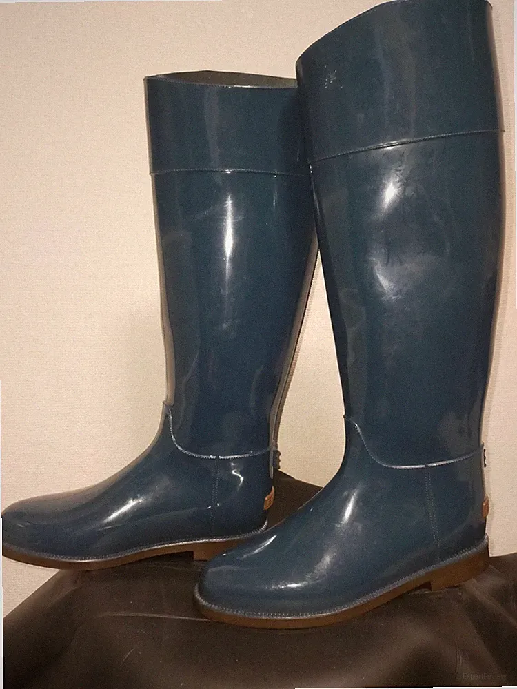 EU36 Glanz Hart Steif PVC Hohe Regenstiefel Gummistiefel Navy Frei Fisch Lang...