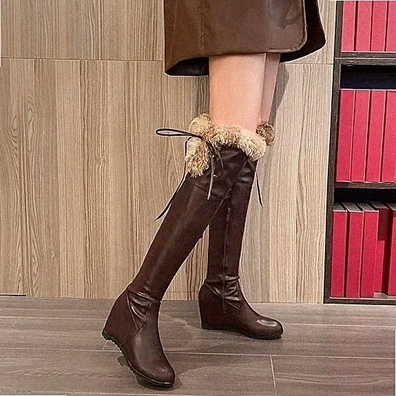 EU40 Damen Overknee Keilabsatz Stiefel mit Schnürsenkel und Fell Thigh High Heel