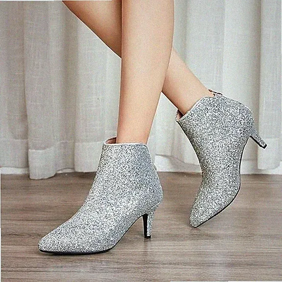 EU41 Damen Kitten Heels Stiefeletten Glitzer Ankle Boots mit Reißverschluss