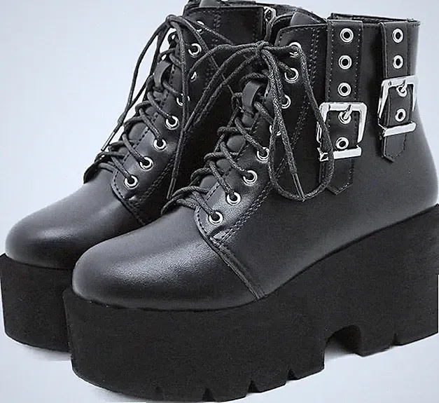 EU41 Plateau Gothic Schnürstiefeletten Blockabsatz High Heels Biker Boots Punk