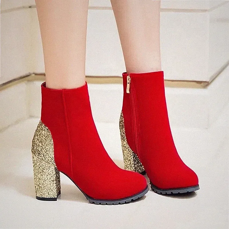 EUR 36 Glitzer High Heels Stiefeletten Blockabsatz Reißverschluss Brautschuhe