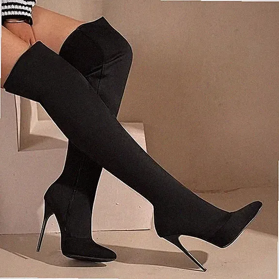 EUR 37 Stretch Overknee Stiefel Stiletto High Heels Spitz Thigh Boots Schuhe