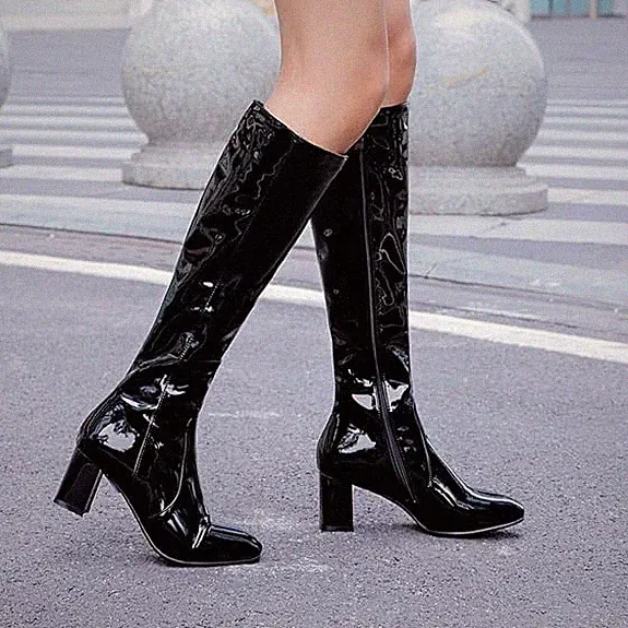 EUR 38 Langschaftstiefel Blockabsatz Lackstiefel High Heels Kniehohe Stiefel