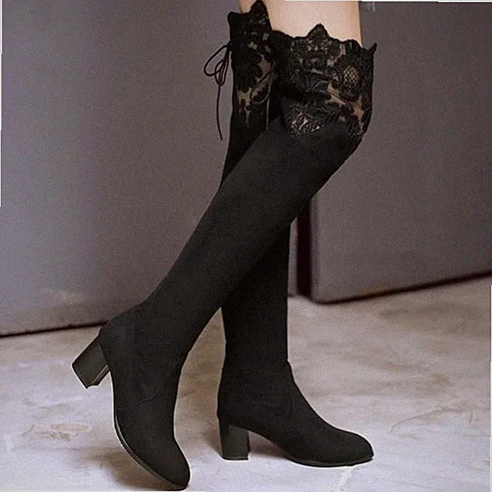 EUR 39 Overknee Stiefel mit Damen Blockabsatz und Schnürung 6cm Absatz Boots Neu