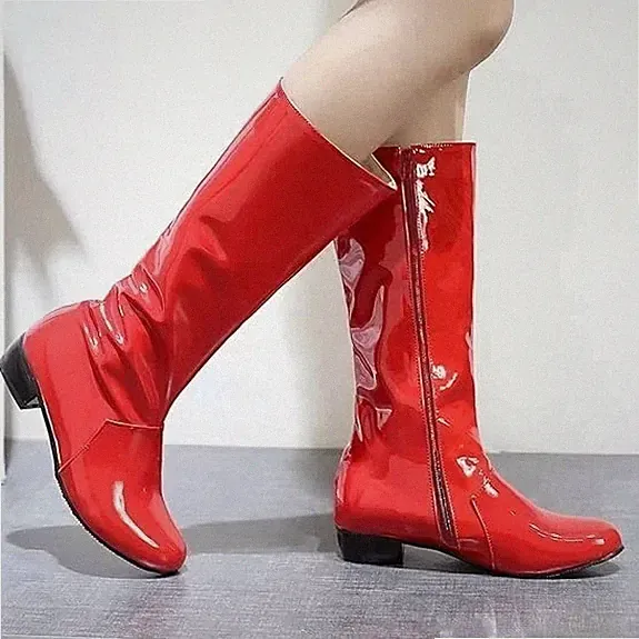 EUR 40 Kniehoch Stiefel Flach Lack Kniehohe Stiefel mit Niedrigem Absatz Schuhe