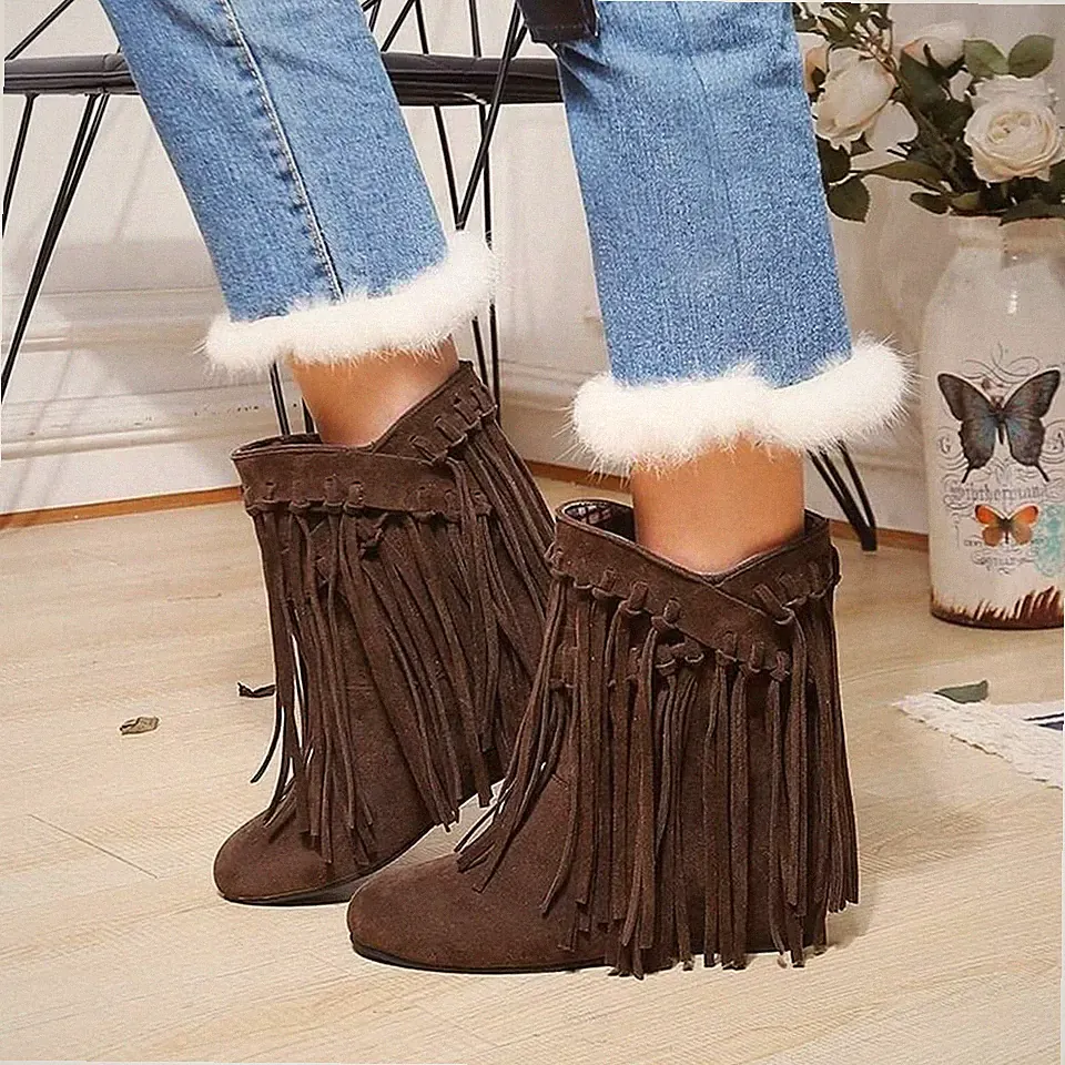 EUR 41 Flache Stiefeletten mit Fransen Ankle Boots Retro Herbst Winter Schuhe