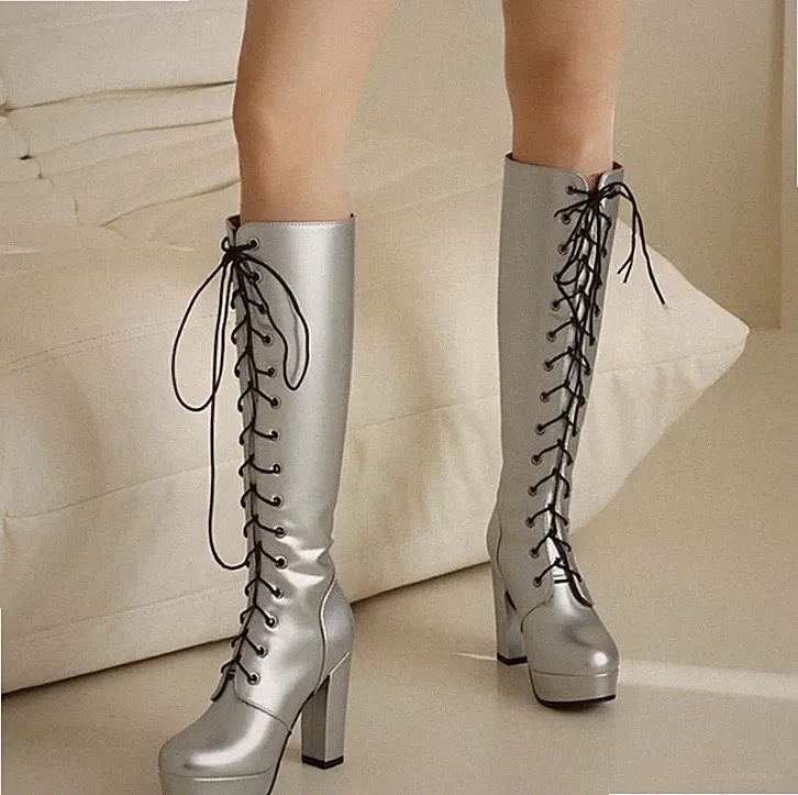 EUR 41 Lackstiefel Plateau Blockabsatz Schnürstiefel High Heels Stiefel Kniehoch