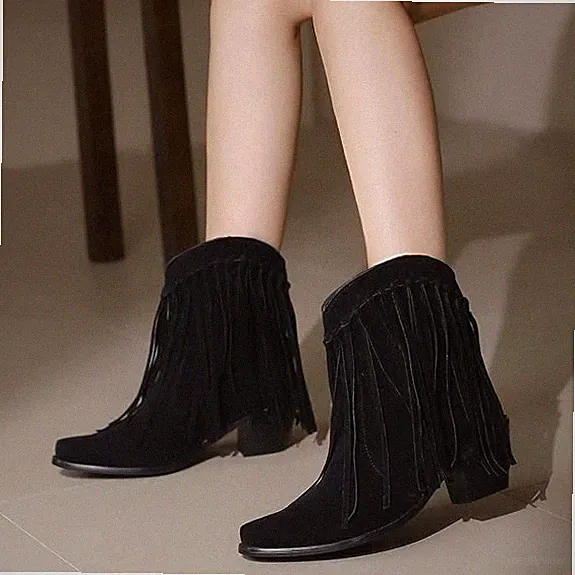 EUR 42 Western Stiefeletten mit Fransen Wildleder Cowboy Stiefel Blockabsatz Neu