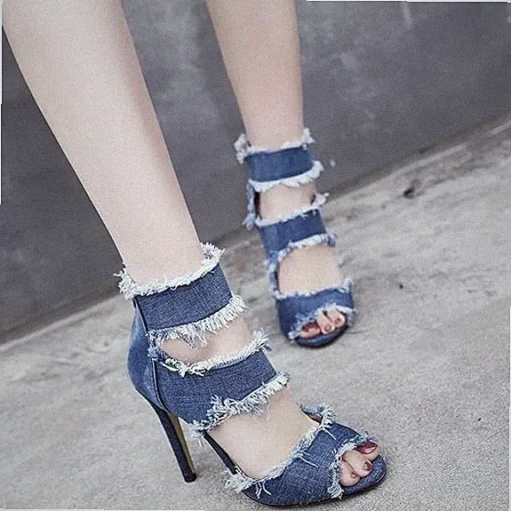 EUR39 Jeans High Heels Sommer Stiefeletten Peeptoe Stiletto Sandalen Denim Schuh