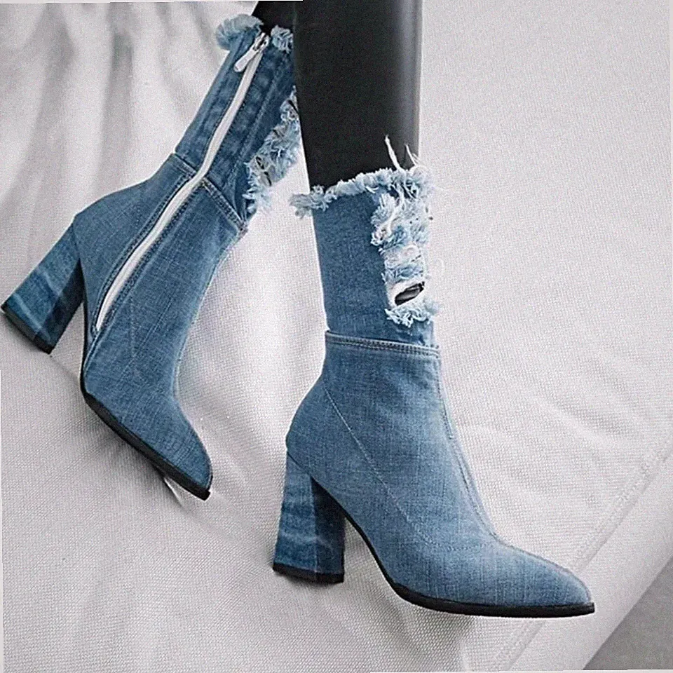 EUR41 Damen Denim Kurzschaft Stiefel Jeans Cut Out Stiefeletten Spitz Blockabsat