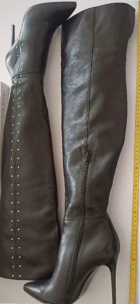 Eva Minge Overkneestiefel Echt Leder Schwarz Gr 39 Stiefel 12 cm Absatz Nieten