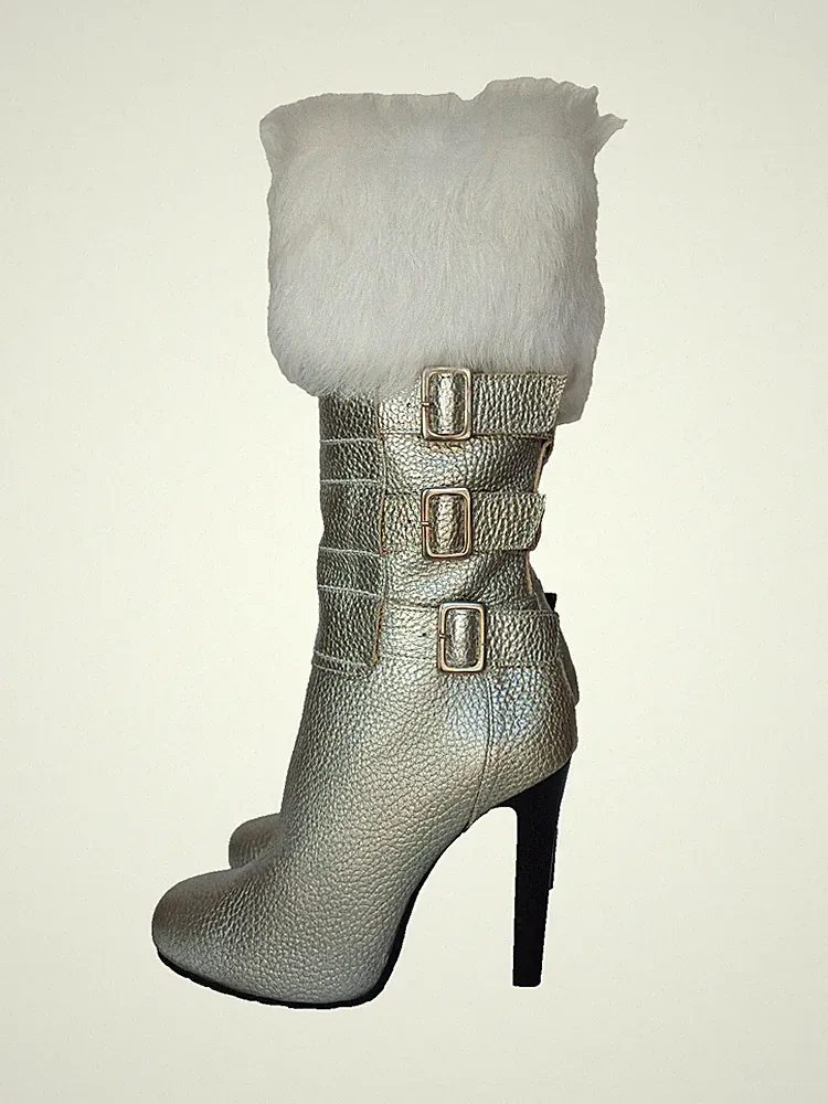Fiorangelo Silber Leder Winterstiefel Fellbesatz Halbhoch Old Money Style Damen